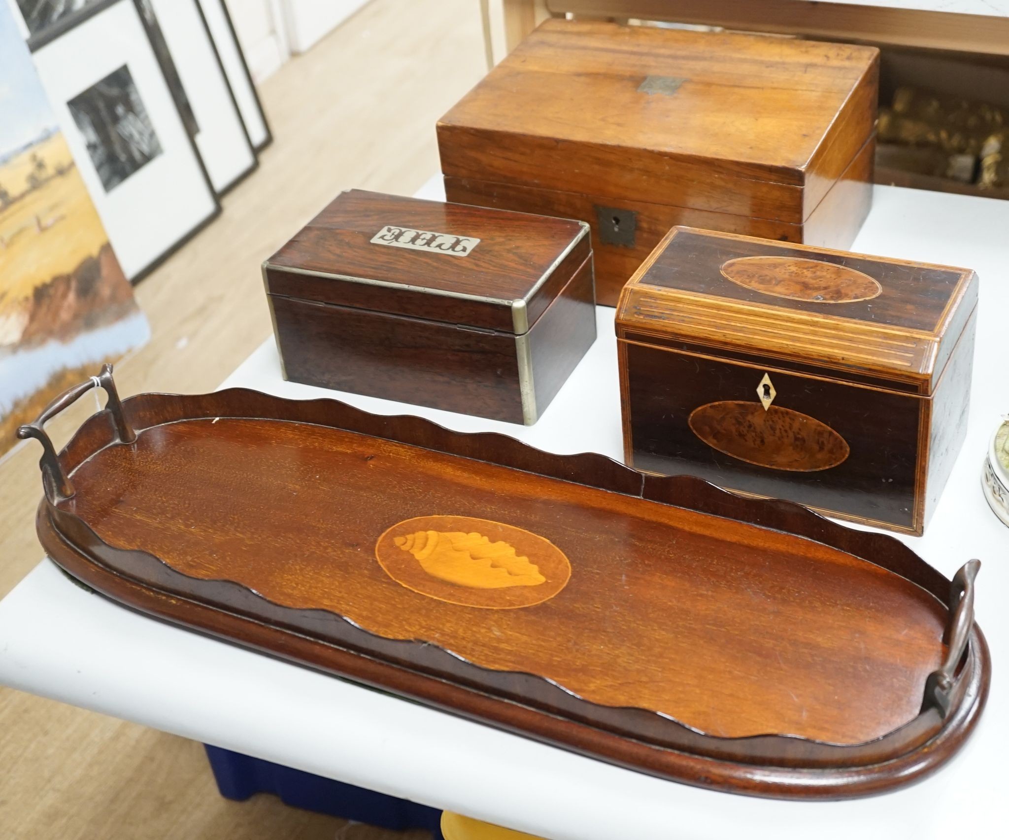 Two Victorian tea caddies, writing slope and an Edwardian inlaid tea tray, 56.5cm